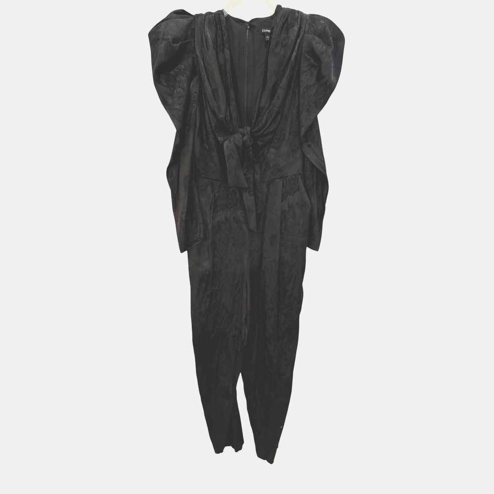 Express Black Satin Floral Jacquard Tie Front Puff Sleeve Jumpsuit Size 6 New